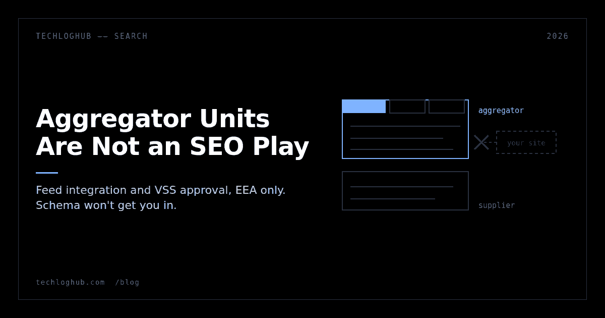 Dark cover: a tabbed aggregator result block above a supplier block, with an external site blocked by a cross.