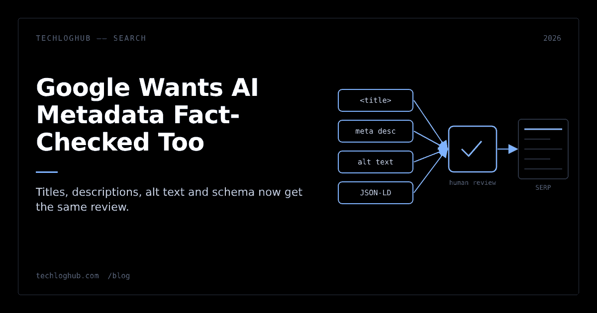 Diagram of AI-written titles, descriptions, alt text and JSON-LD passing a review gate before search results