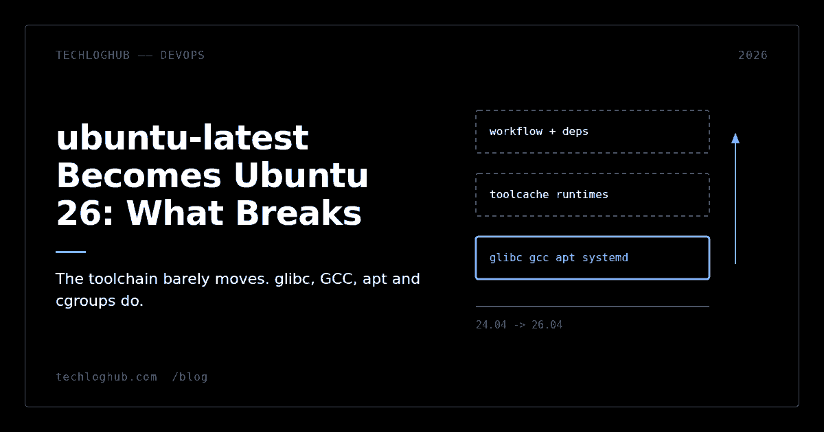 Diagram: workflow and toolcache layers unchanged while the glibc, GCC, apt and systemd layer moves to Ubuntu 26.04.